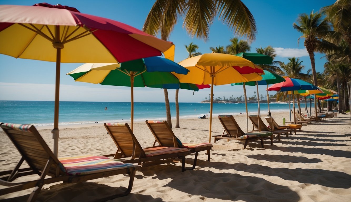A sunny beach with clear blue water, palm trees swaying in the breeze, and colorful beach umbrellas scattered along the shore