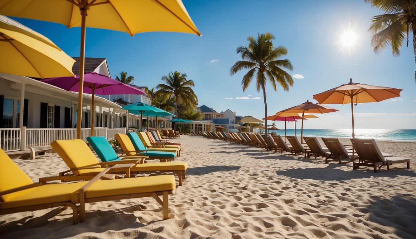A sunny beach with colorful umbrellas and loungers, overlooking crystal-clear waters. A Primo Tours sign stands near a row of beachfront villas