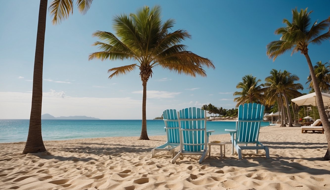 A serene beach with clear blue waters and palm trees lining the shore. A couple of beach chairs and umbrellas are set up, creating a relaxing atmosphere